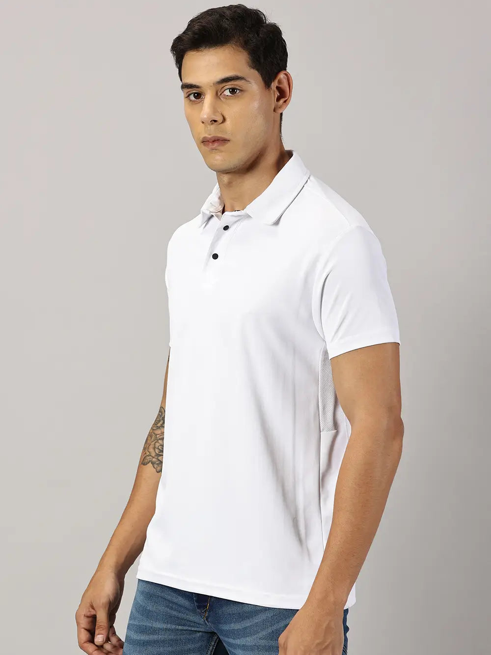 A model wearing Blue Tyga odor-free white polo t-shirt