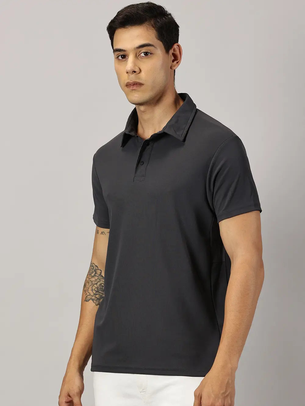 A model wearing Blue Tyga dark grey odor-free polo t-shirt