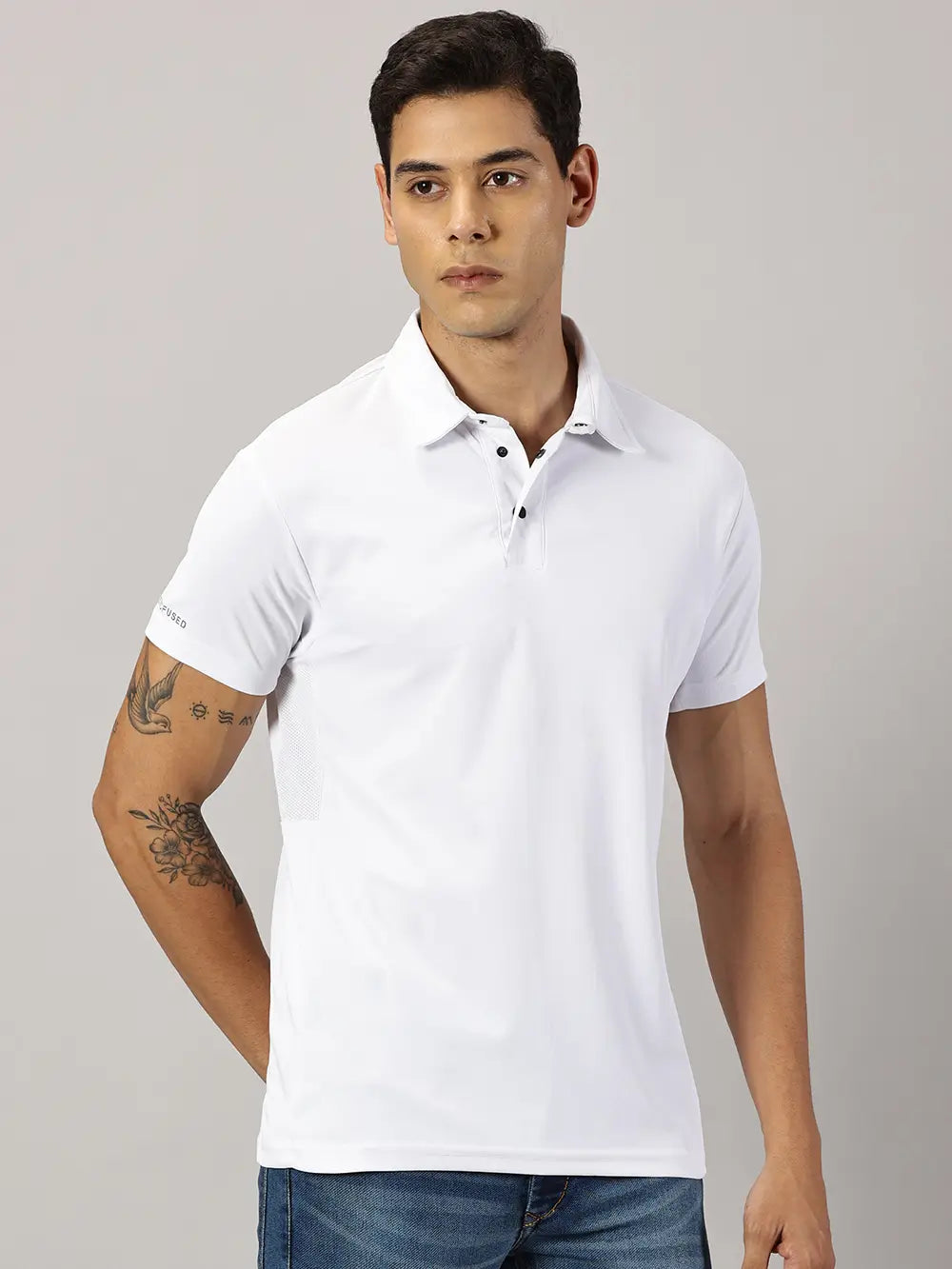 A model wearing Blue Tyga odor-free white polo t-shirt
