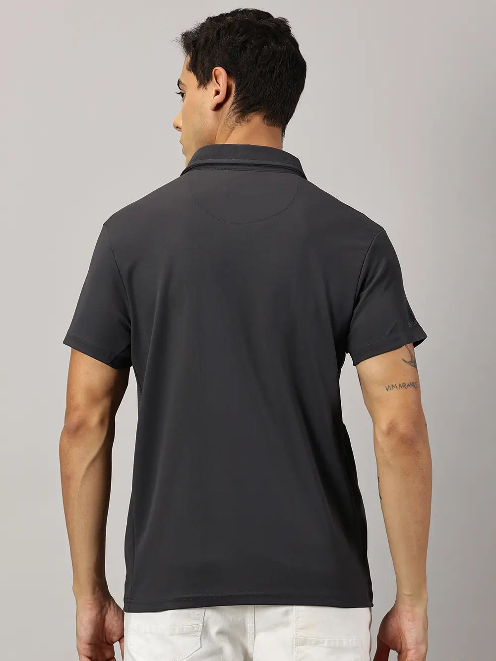 A model wearing Blue Tyga dark grey odor-free polo t-shirt