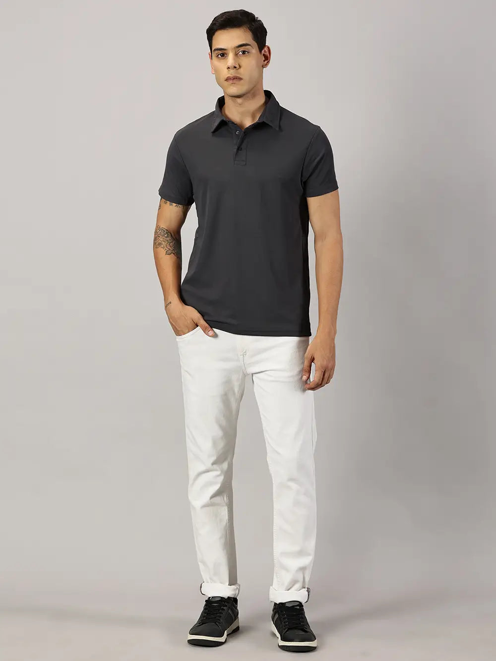 A model wearing Blue Tyga dark grey odor-free polo t-shirt