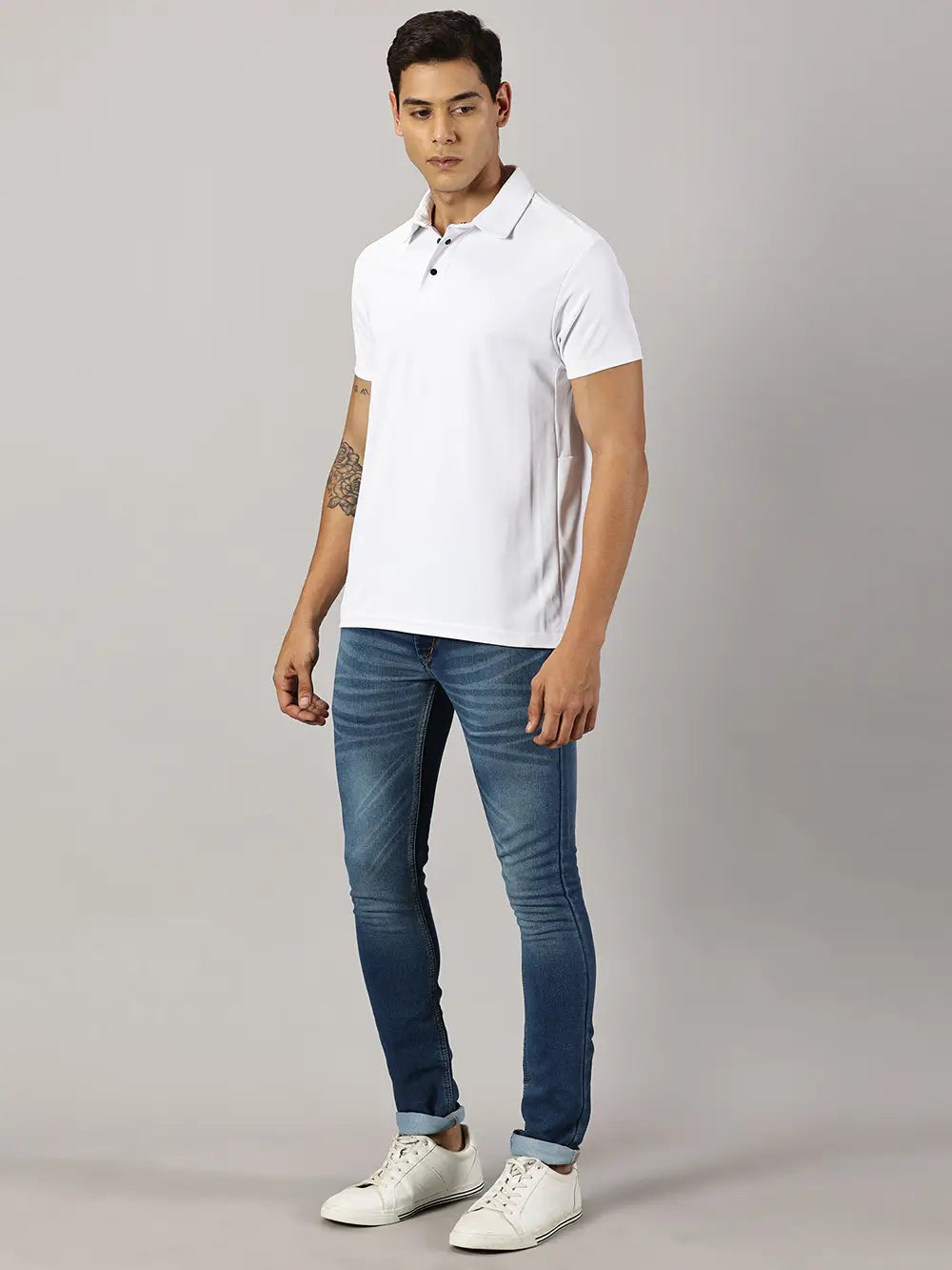 A model wearing Blue Tyga odor-free white polo t-shirt