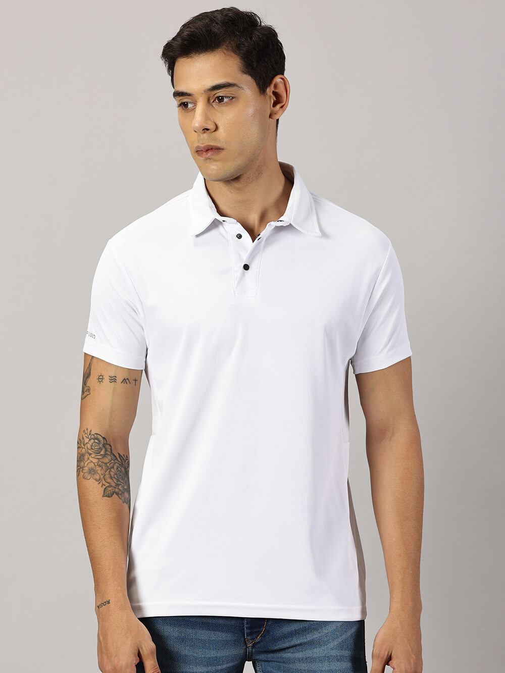 A model wearing Blue Tyga odor-free white polo t-shirt