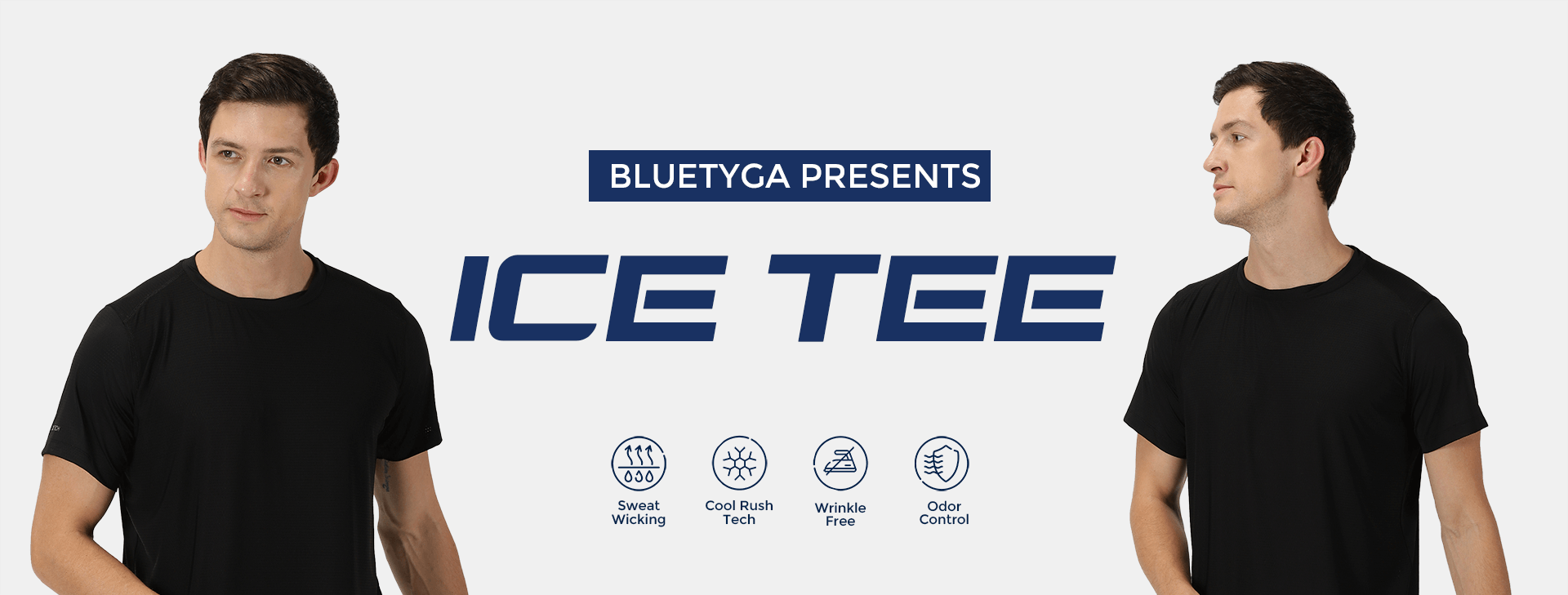 Promotional banner for Bluetyga ICE TEE, featuring a male model wearing a black performance t-shirt with sweat-wicking, cool rush tech, wrinkle-free, and odor control features, displayed with symbols representing each technology.