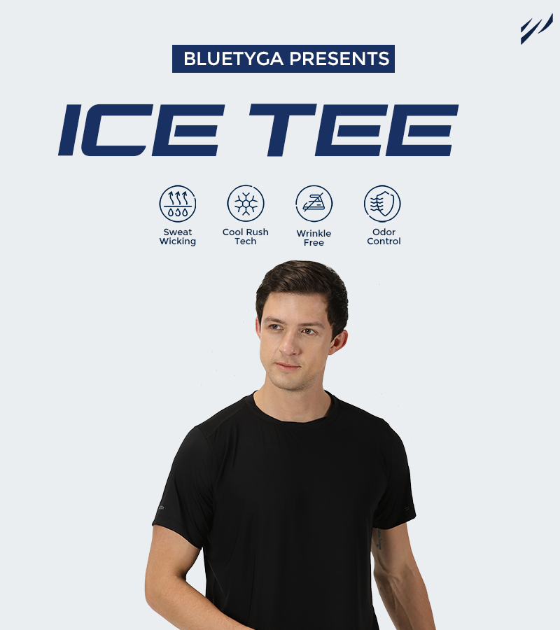 Advertising image for Bluetyga's ICE TEE with a central male model in a black athletic shirt, featuring icons for Sweat Wicking, Cool Rush Tech, Wrinkle Free, and Odor Control benefits above the brand's presentation text